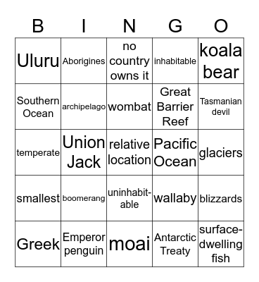 Pacific Oceania & Antarctica Bingo Card