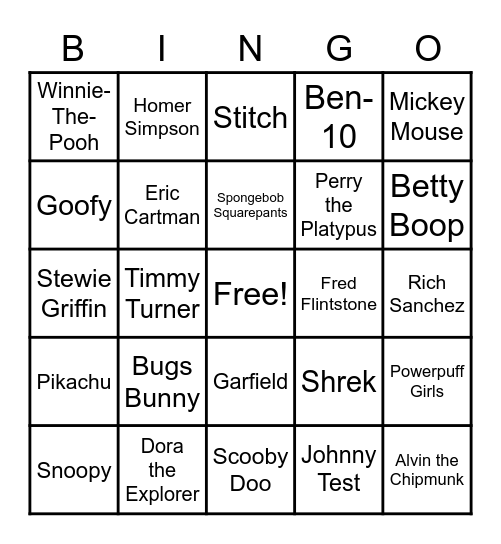 Cartoon Characters Bingo Card