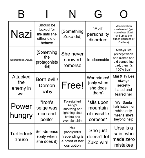 Anti-Azula Hot Takes Bingo Card