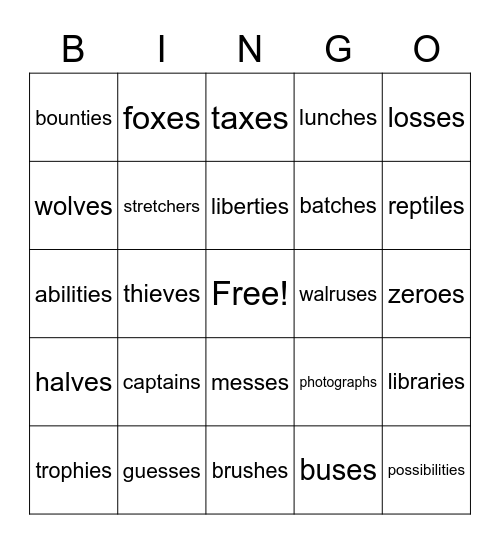 3rd Grade Plurals Bingo Card