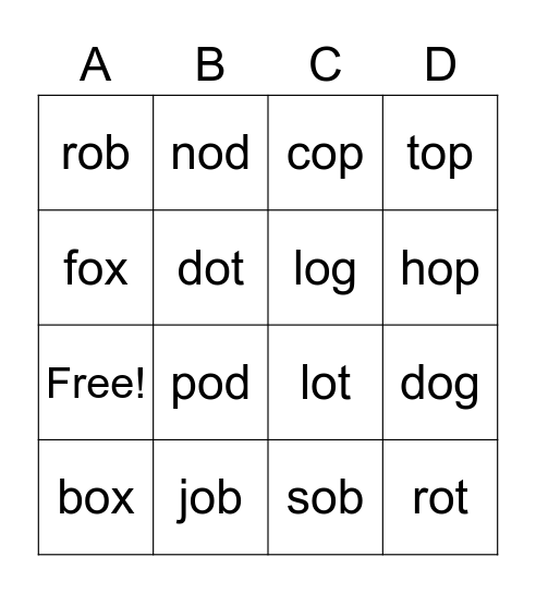 Short O Bingo Card