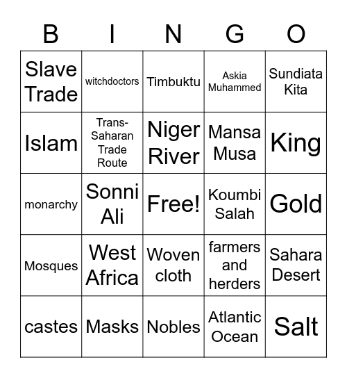 African Kingdoms Bingo Card
