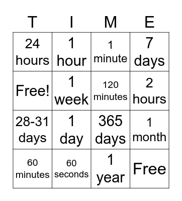 Equivalent Time Bingo Card