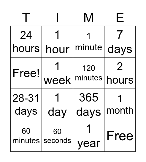 Equivalent Time Bingo Card