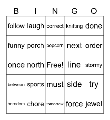 Spelling Bingo Card