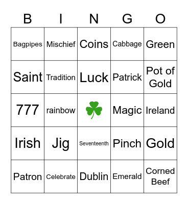 Saint Patricks Day Bingo Card