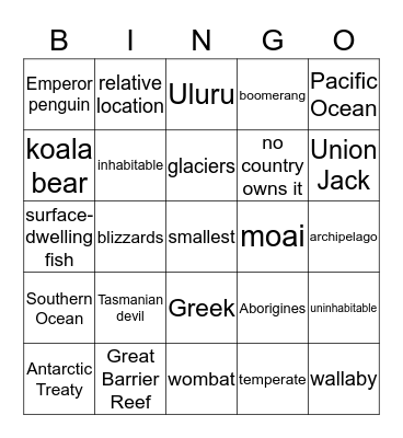 Pacific Oceania & Antarctica Bingo Card