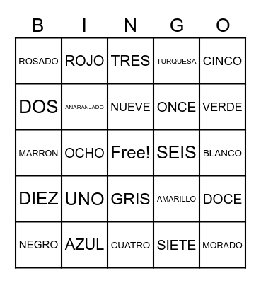 Pathways To Greatness Spanish Number/Colors Bingo Card