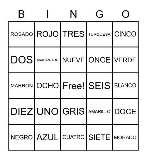 Pathways To Greatness Spanish Number/Colors Bingo Card