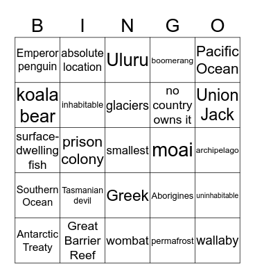 Pacific Oceania & Antarctica Bingo Card