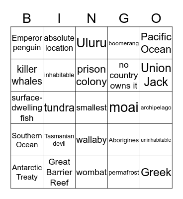 Pacific Oceania & Antarctica Bingo Card