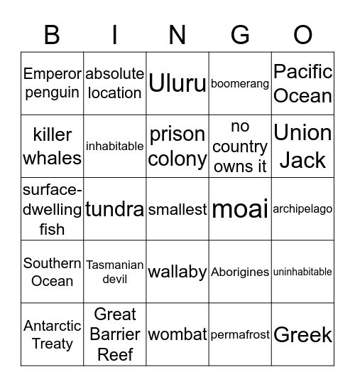 Pacific Oceania & Antarctica Bingo Card