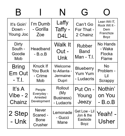 ATL Hip Hop Bingo Card