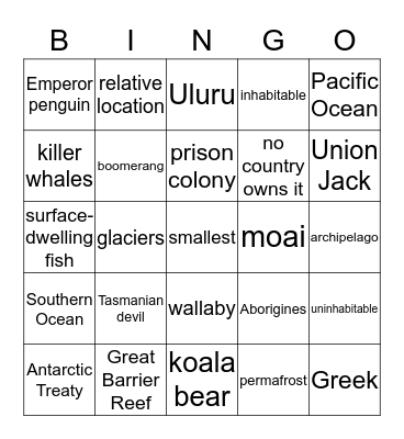 Pacific Oceania & Antarctica Bingo Card