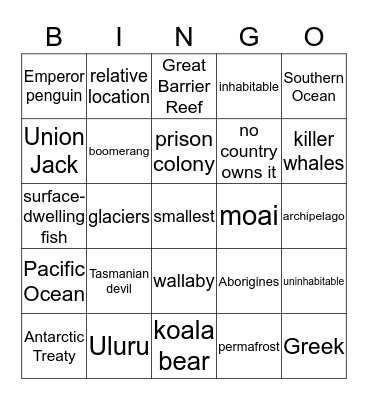 Pacific Oceania & Antarctica Bingo Card