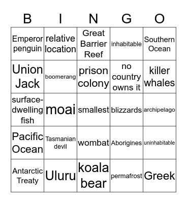 Pacific Oceania & Antarctica Bingo Card