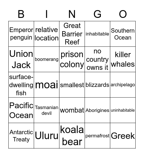 Pacific Oceania & Antarctica Bingo Card