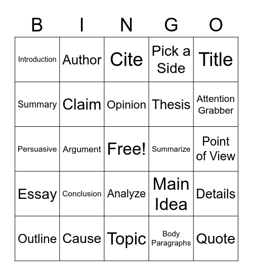 Persuasive EssayTerms Bingo Card