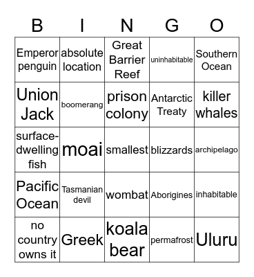 Pacific Oceania & Antarctica Bingo Card