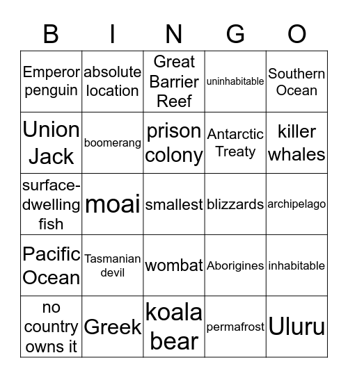 Pacific Oceania & Antarctica Bingo Card