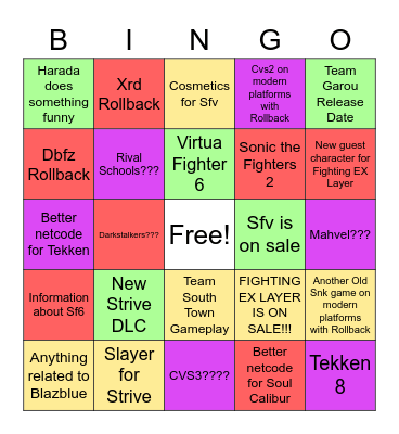 Fighting Game Publisher Roundtable Bingo Card