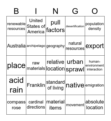 Introduction to World Geography Bingo Card