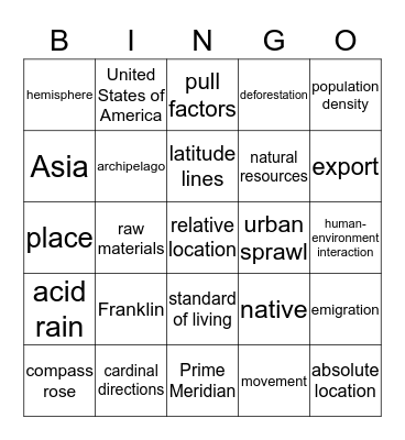 Introduction to World Geography Bingo Card
