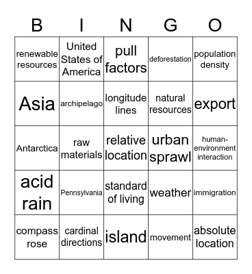 Introduction to World Geography Bingo Card