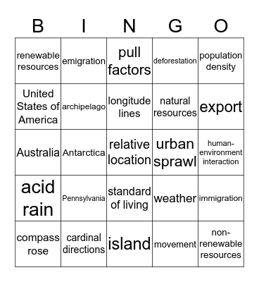 Introduction to World Geography Bingo Card
