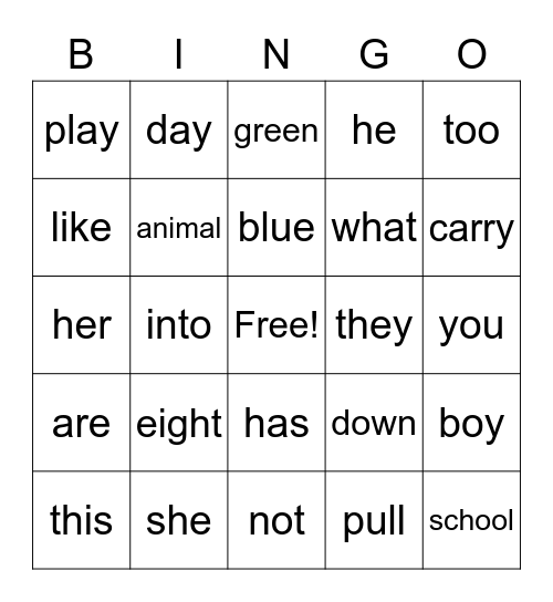1st Grade HFW Bingo Card