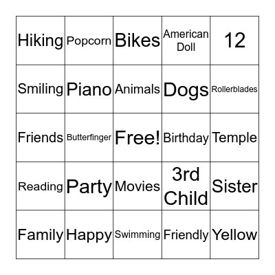 Britnee's 12th Birthday Bingo Card
