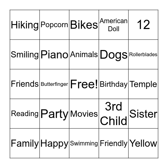 Britnee's 12th Birthday Bingo Card