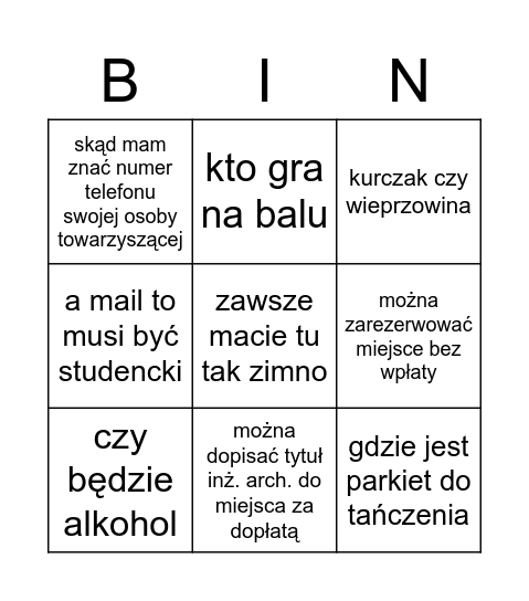 BINGO BALOWYCH PYTAŃ Bingo Card