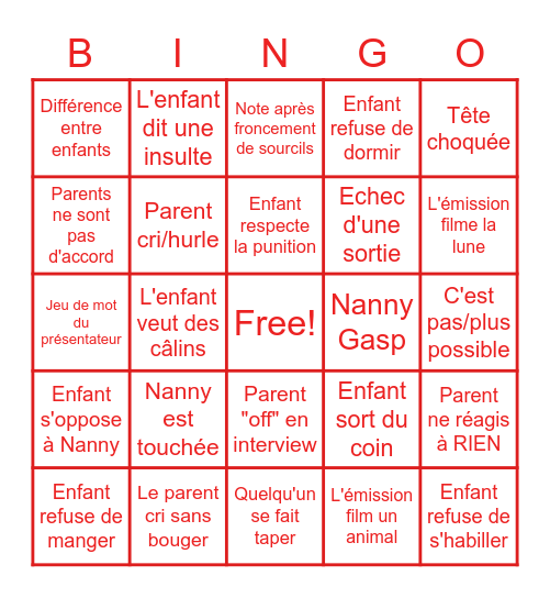 Super Nanny Bingo Card