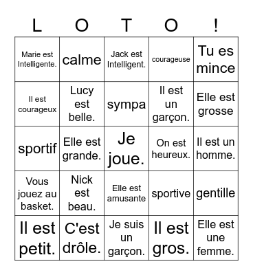 6 Les adjectifs Mars 2022 Bingo Card