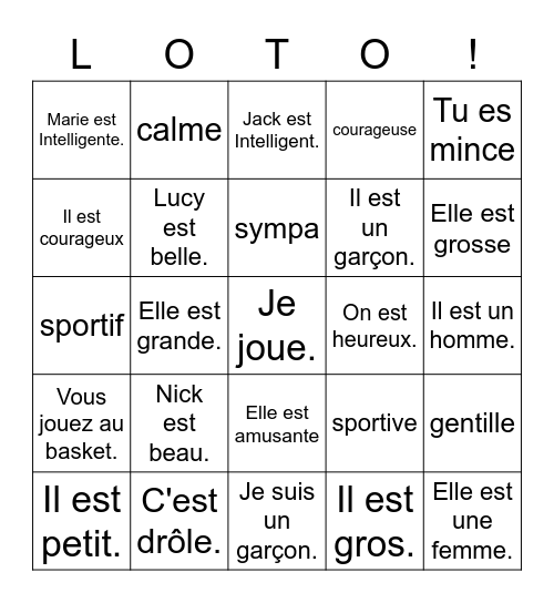 6 Les adjectifs Mars 2022 Bingo Card