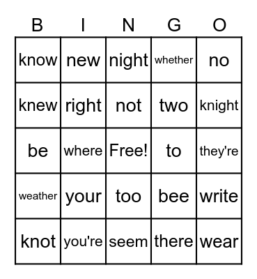 Homophone BINGO Card