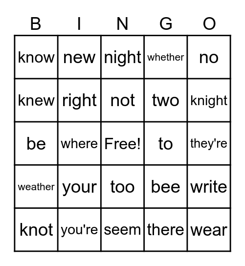 Homophone BINGO Card