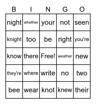 Homophone BINGO Card