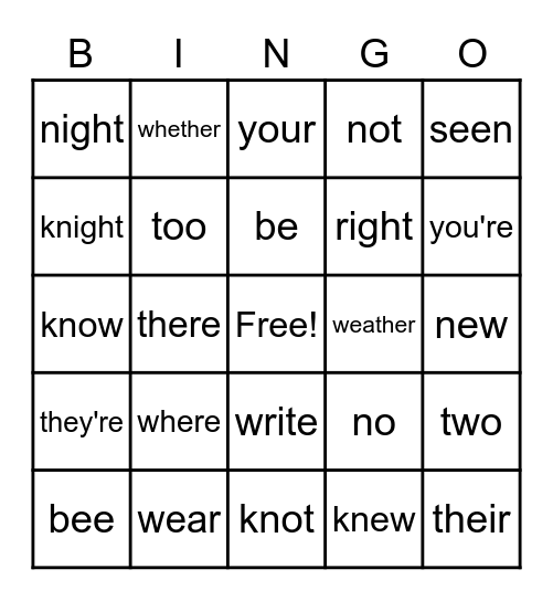 Homophone BINGO Card