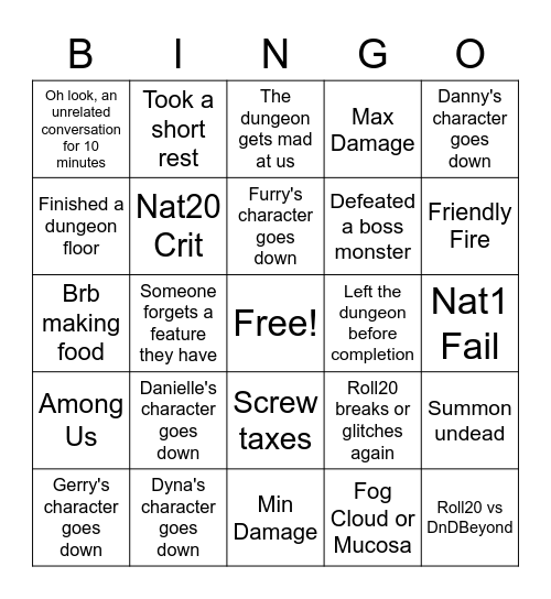 T9I Dungeon Run Bingo (During Session) Bingo Card