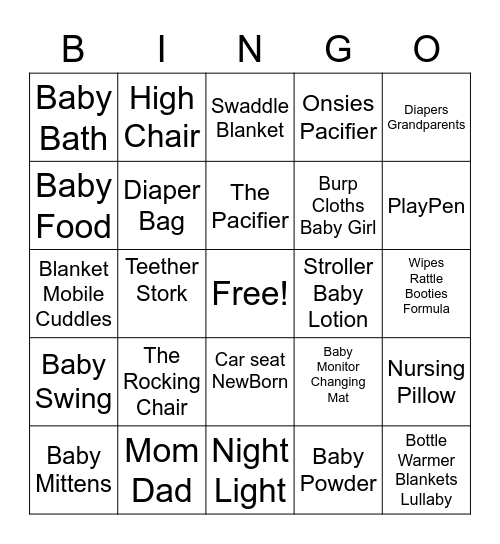 Baby Shower Bingo Card
