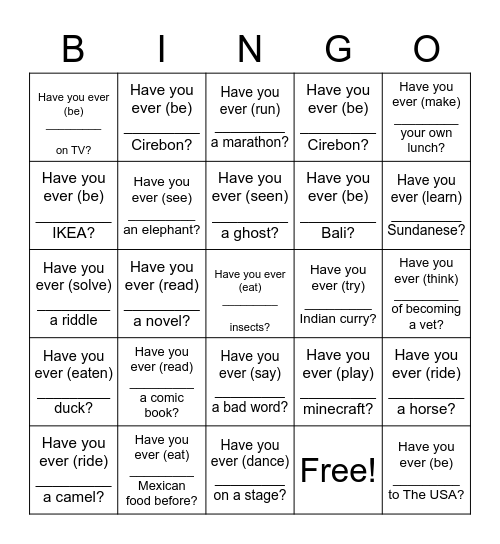 Have you ever (past participle) Bingo Card