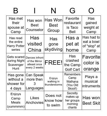 Sisters Camp Bingo Card