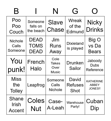 Bachelor Party Bingo Card