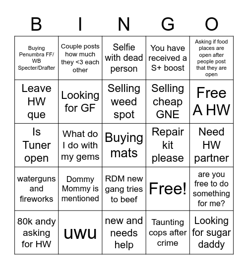 Twatter Bingo Card