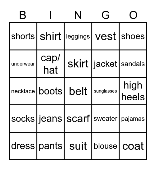 Evening Class G8 Clothing Bingo Card