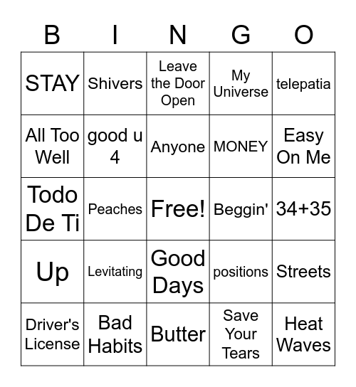 TOP HITS Bingo Card