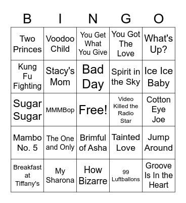 One Hit Wonders Music Bingo Card