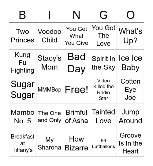 One Hit Wonders Music Bingo Card